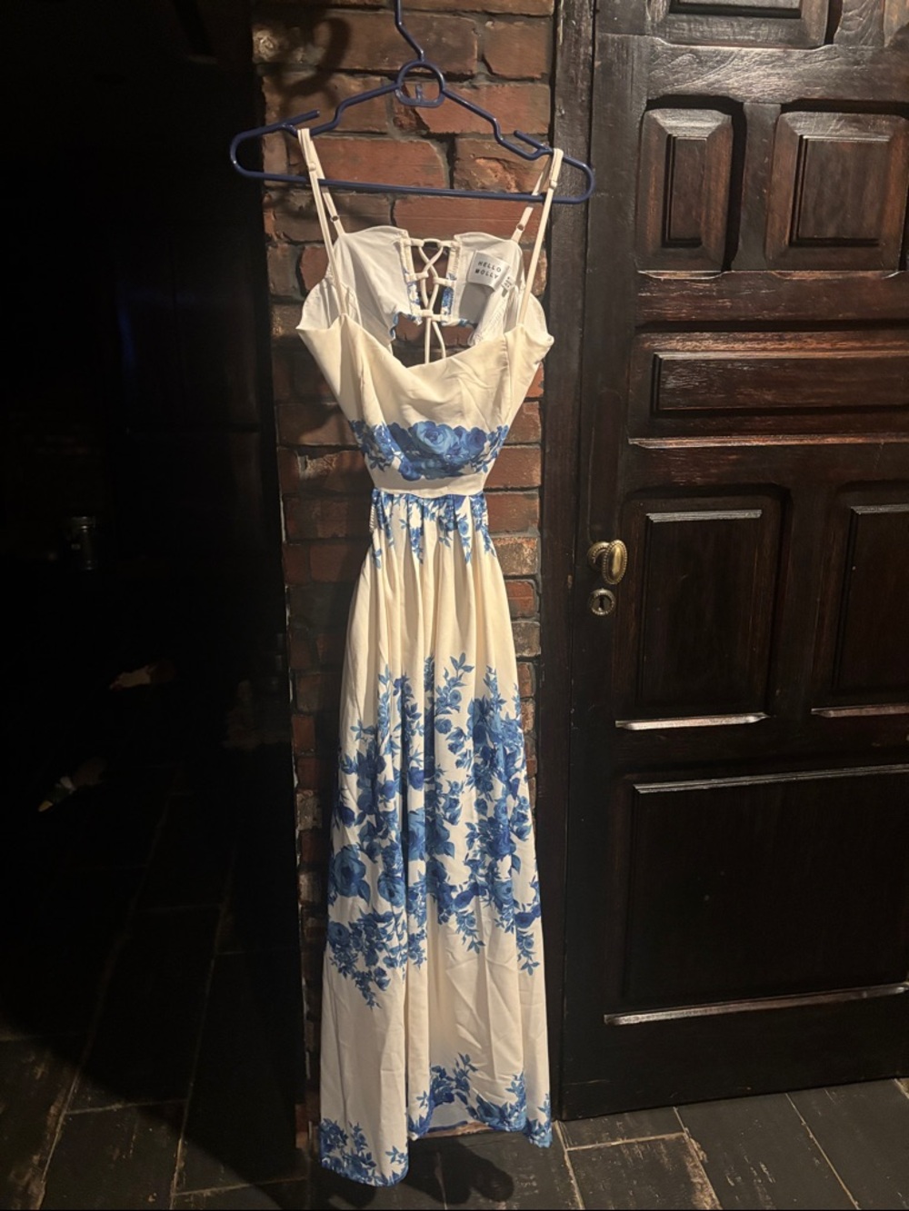 Hello Molly Cream and Blue Floral Spaghetti Strap Maxi Dress